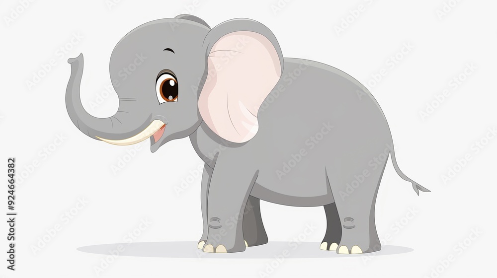 Friendly elephant standing with trunk up clipart, simple cartoon 2D, flat art