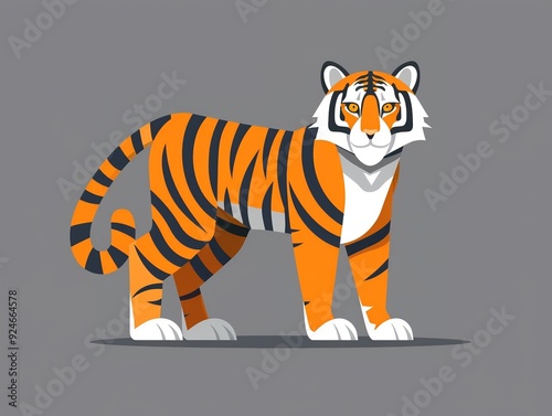 Sleek tiger standing majestically clipart, flat art, simple cartoon 2D emblem photo