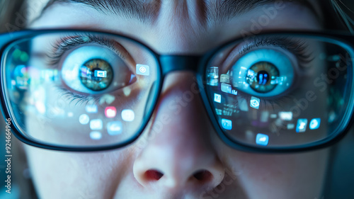 Closeup of a persons face eyes wide in panic reflecting various social media icons in their glasses  photo