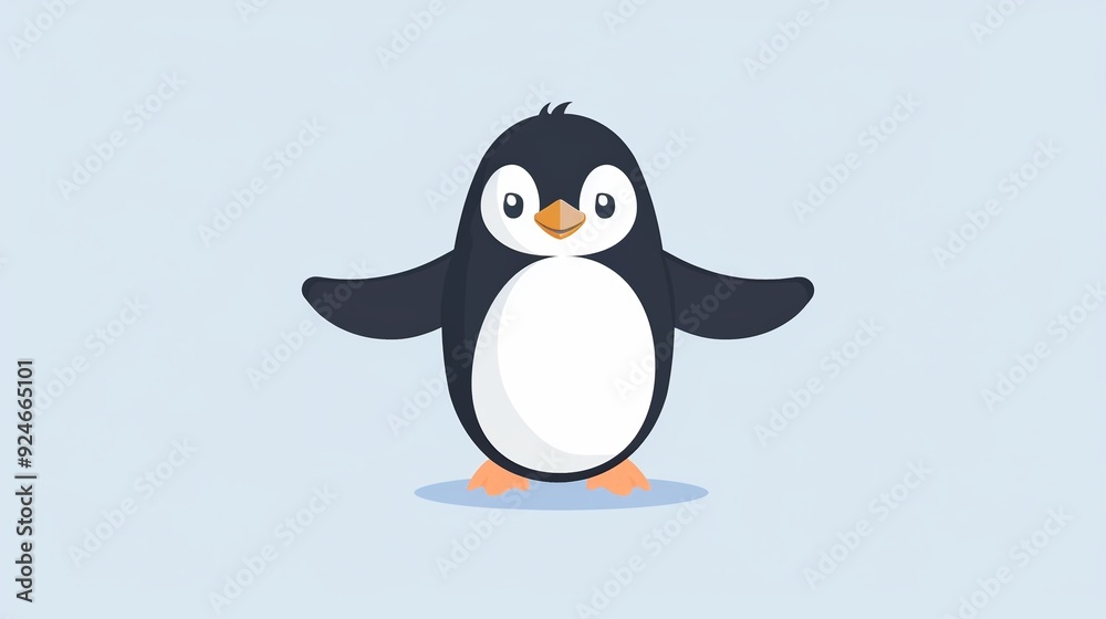 Obraz premium Cute penguin standing with wings out clipart, simple cartoon 2D, flat art