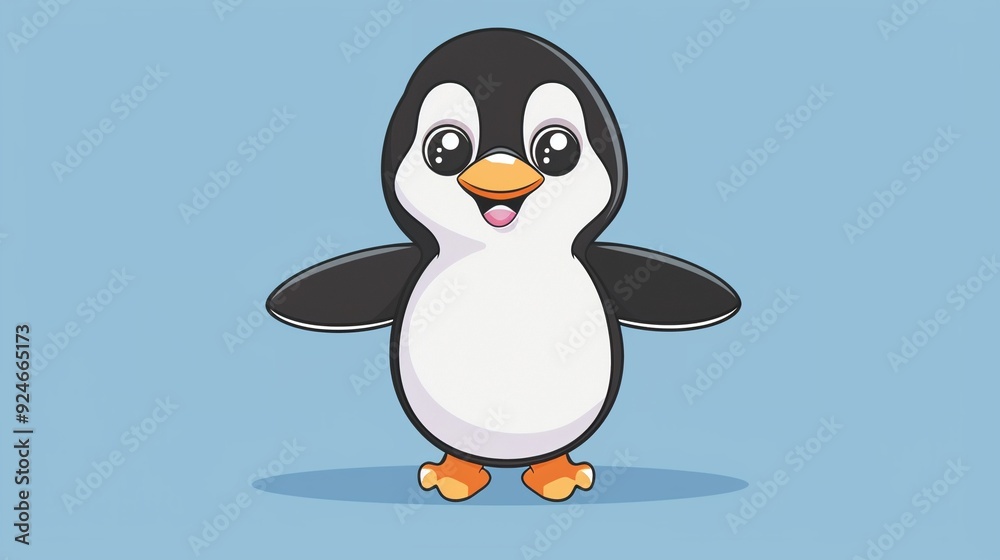 Fototapeta premium Cute penguin standing with wings out clipart, simple cartoon 2D, flat art