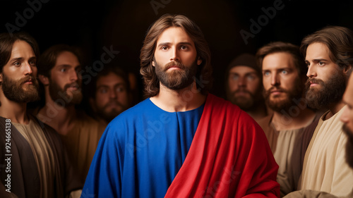 Jesus choosing a person from the crowd touching their shoulder and imparting power and wisdom 