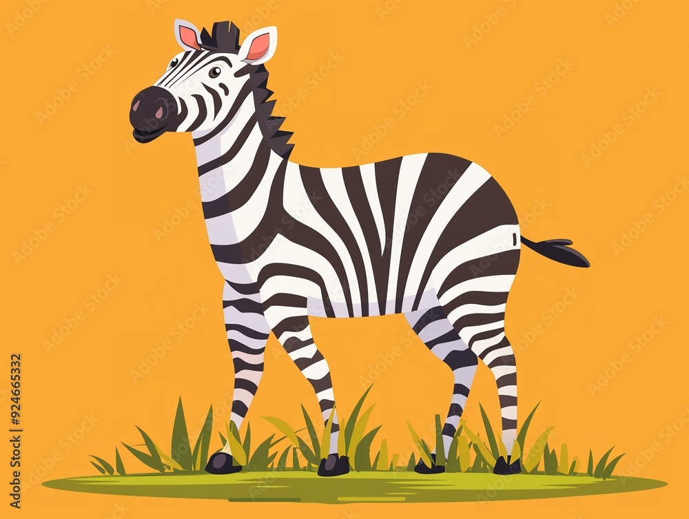 Fototapeta premium Adorable zebra standing on grass clipart, simple cartoon 2D, flat art