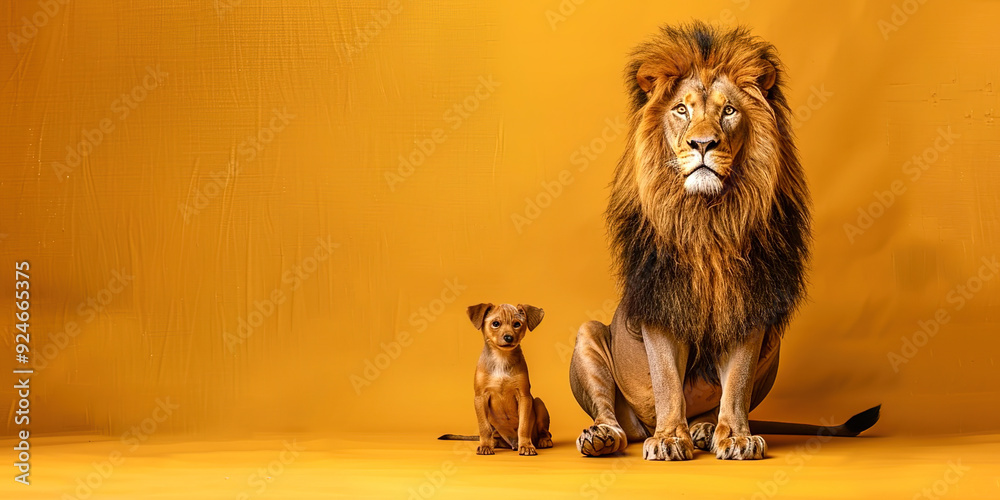Fototapeta premium Lion with a small dog on a solid background