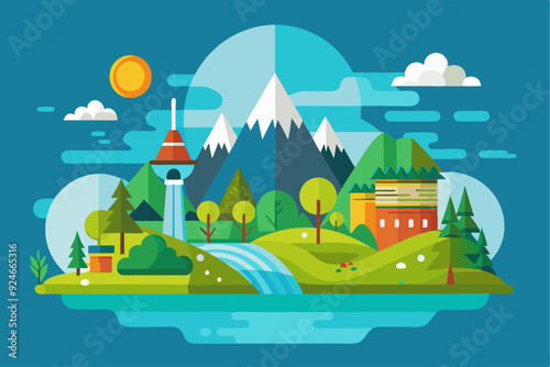 Mountain Landscape with Waterfall, Tower, and House
