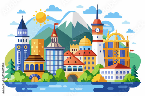 Colorful Cityscape with Buildings, River, and Mountain