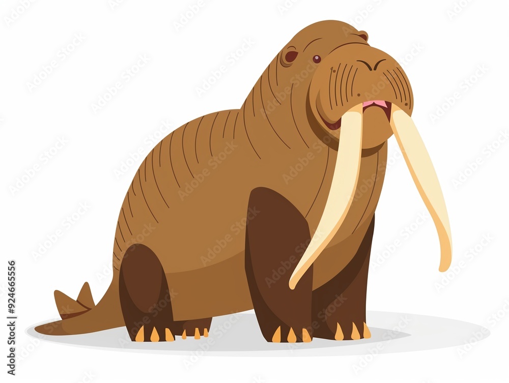 Fototapeta premium Cute walrus standing with tusks clipart, flat art, simple cartoon 2D emblem