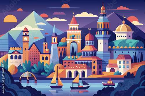 Colorful Cityscape with Boats, Buildings, and a Mountain