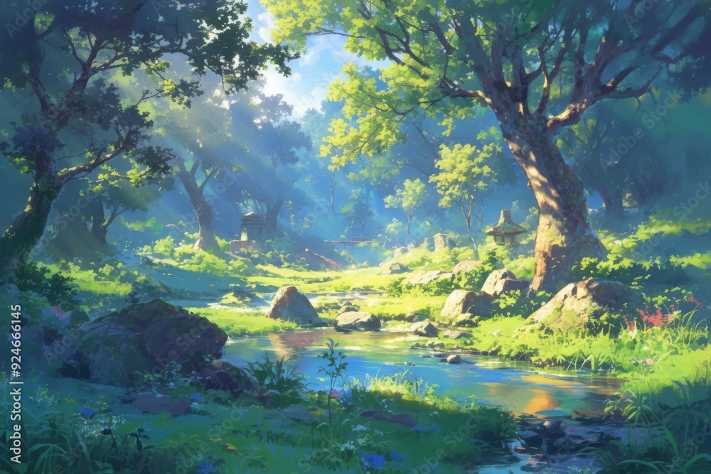 Sun shining through trees in a lush green forest with a stream flowing through. Digital art painting of a scenic woodland landscape with soft light and vibrant colors. Sun shining through trees in a lush green forest with a stream flowing through. Digital art painting of a scenic woodland landscape with soft light and vibrant colors.