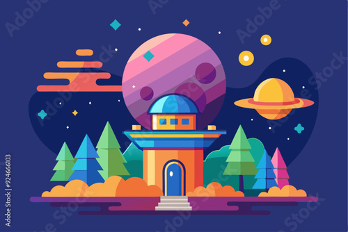 Colorful Observatory Building with Planets and Stars in Night Sky