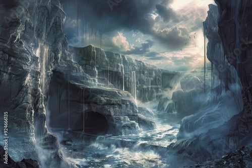 Waterfall and Stormy Sea in a Dark Fantasy Landscape