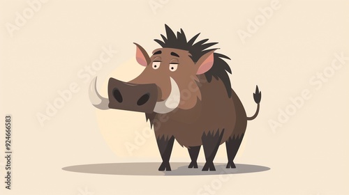 Cute warthog standing with tusks clipart, simple cartoon 2D, flat art