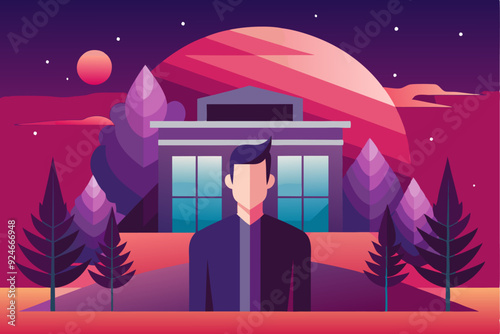 Man Standing Before a Building with a Red Planet in the Background