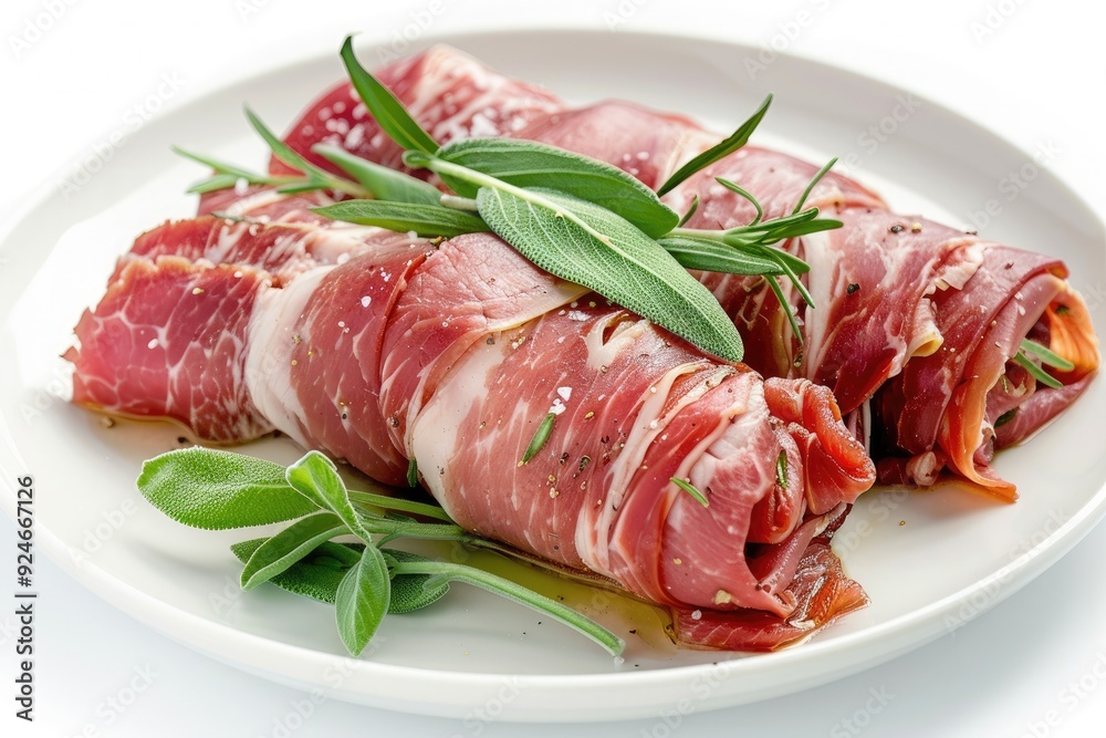 A plate of rolled cured meat garnished with herbs and olive oil. A plate of rolled cured meat garnished with herbs and olive oil.