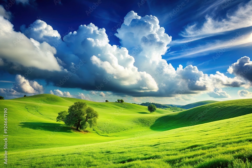 Fototapeta premium Serene green hillside landscape with lush grass, fluffy white clouds drifting across a brilliant blue sky, perfect for a calming window wallpaper backdrop.
