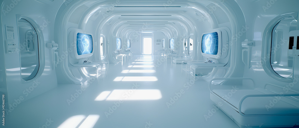 Futuristic hall with sleek white walls, illuminated by natural light, featuring large screens and minimalistic design.