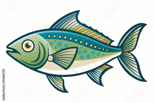 Cartoon illustration of a colorful fish with a green and blue body and fins