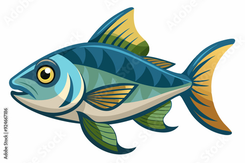 Cartoon Illustration of a Blue and Green Fish with Yellow Fins