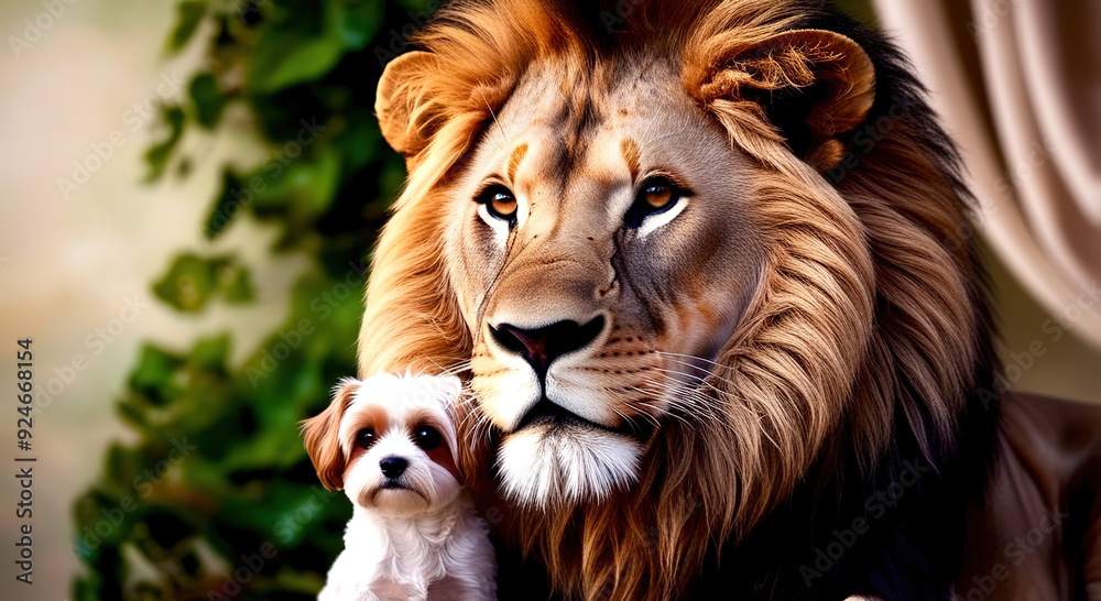 Fototapeta premium Lion with a small dog on a solid background