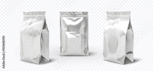 Set silver foil packaging bags, standing upright on a transparent background. Metallic shine and simple design make these bags perfect for showcasing food products, coffee, or other consumer goods.