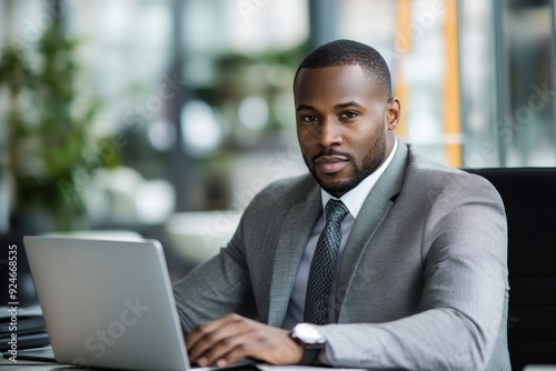 African American businessman working on laptop at office desk, Generative AI