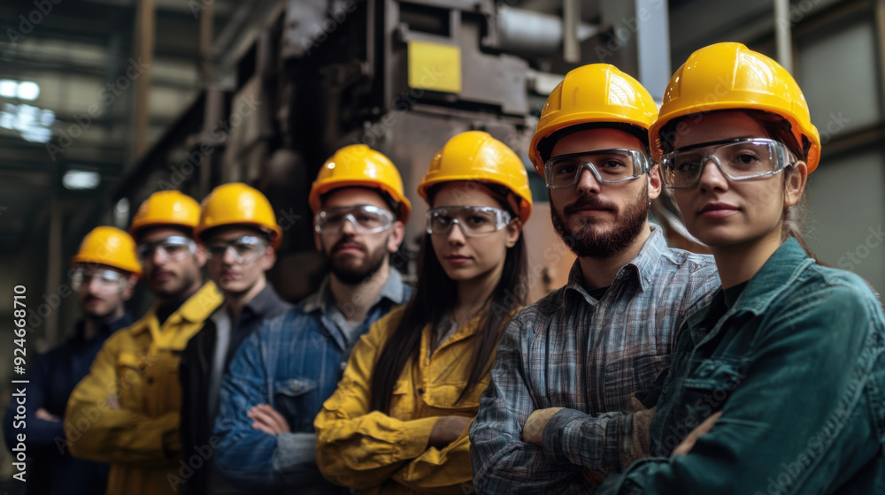 A group of diverse factory employees wearing protective gear, standing together in front of A group of diverse factory employees wearing protective gear, standing together in front of