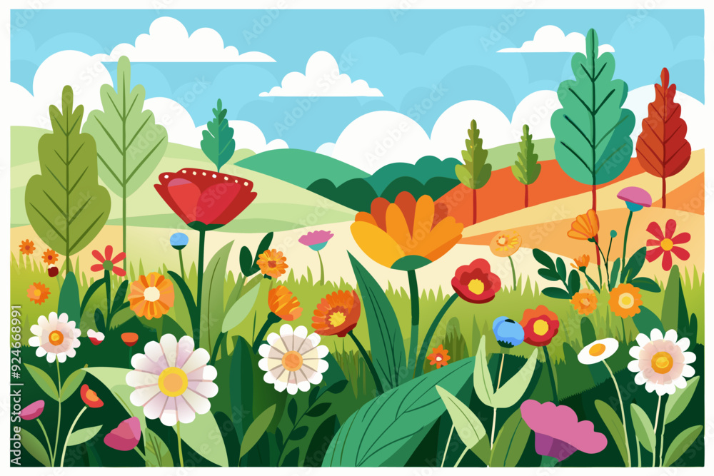 Fototapeta premium Colorful Flowers Blooming in a Lush Green Meadow Under a Blue Sky