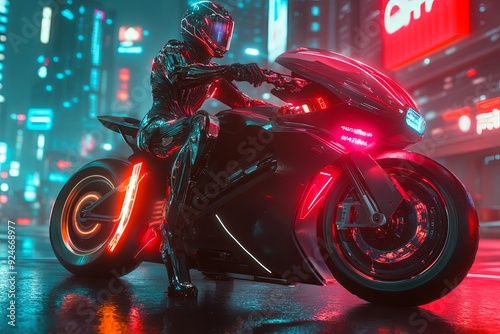 Person with bionic legs on a motorcycle, ready to race through neon-lit cyberpunk streets. The legs have glowing elements and hydraulic systems matching the bike's design photo