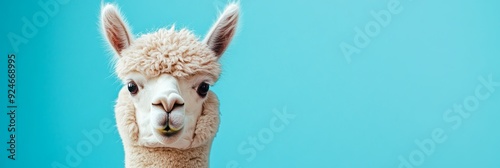 A close-up portrait of an alpaca with its head turned slightly to the side,  it has a curious expression, its fluffy white fur is visible against a bright blue background, symbolizing innocence, cuten photo