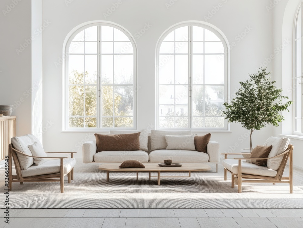 A living room with a white couch, two chairs, and a coffee table A living room with a white couch, two chairs, and a coffee table