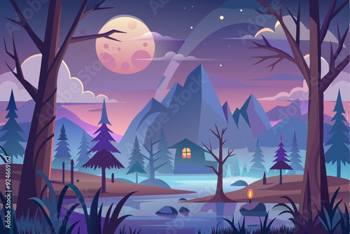 Serene Nighttime Landscape with Cabin and Moon