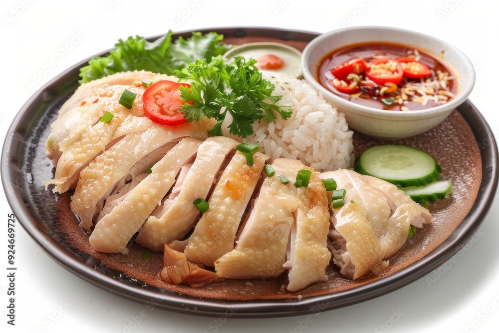 A plate of sliced chicken served with rice, fresh vegetables, and dipping sauce. A plate of sliced chicken served with rice, fresh vegetables, and dipping sauce.