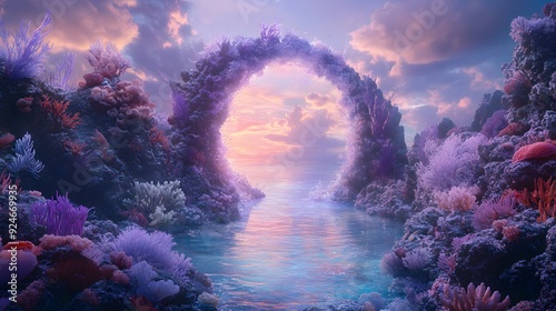 A magical underwater scene where a luminous portal is framed by vibrant coral reefs, unveiling a tranquil ocean and a sky filled with soft lavender clouds photo