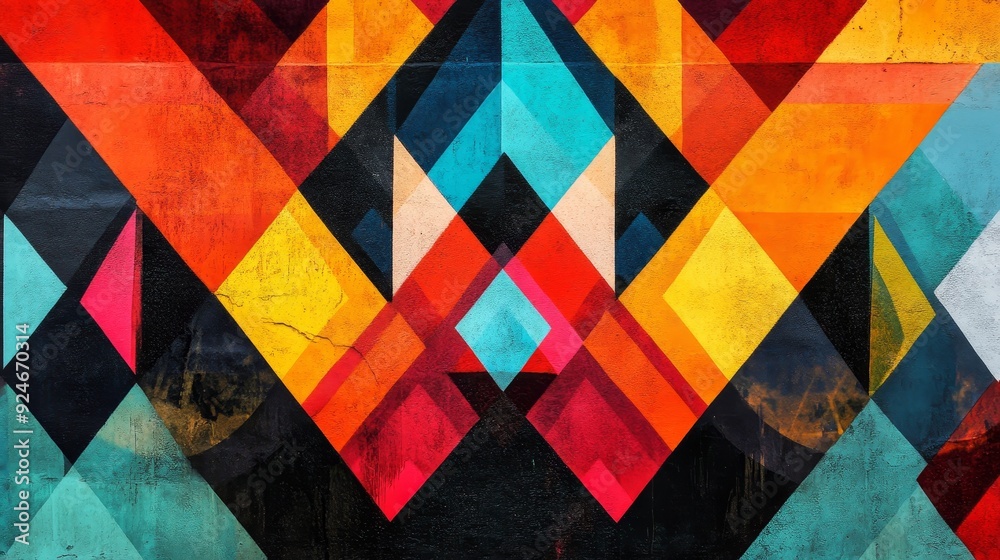 A colorful abstract geometric pattern painted on a textured wall, symbolizing creativity, energy, dynamism, and urban art. A colorful abstract geometric pattern painted on a textured wall, symbolizing creativity, energy, dynamism, and urban art.