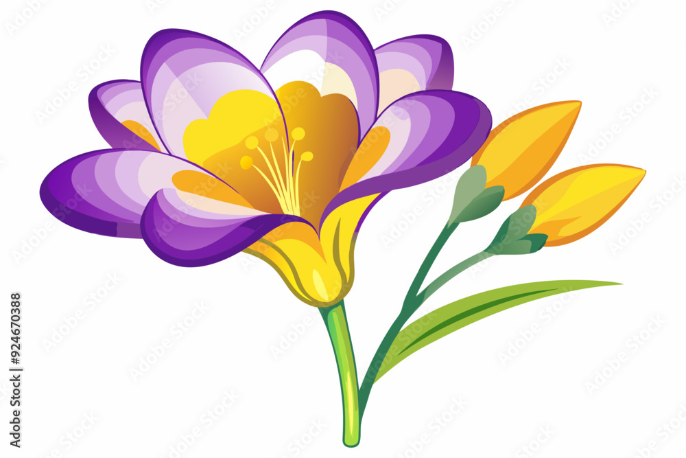 Naklejka premium Purple and Yellow Flower with Buds and Green Stem