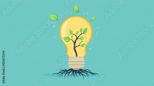 Illuminating Growth - Bright Light Bulb with Roots in Flat Design Illustration Symbolizing Ideas Taking Root and Growing
