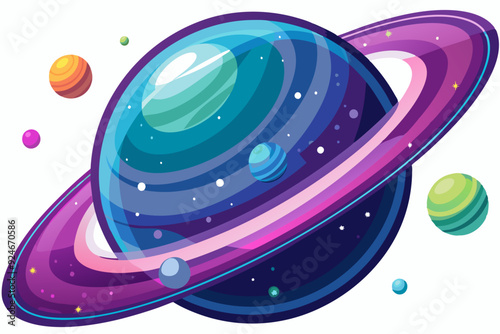 Colorful Planet with Rings and Smaller Planets in Space