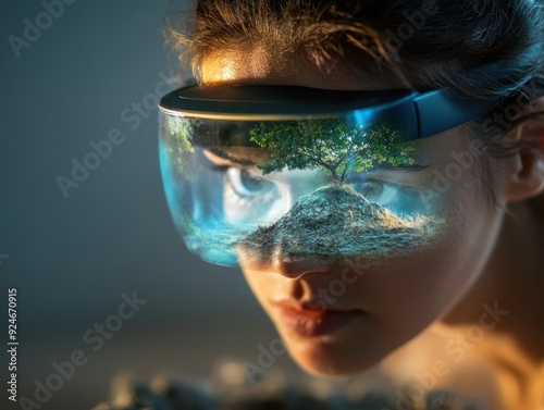 Woman Experiencing Augmented Reality with Futuristic Headset Displaying a Tree and Landscape photo