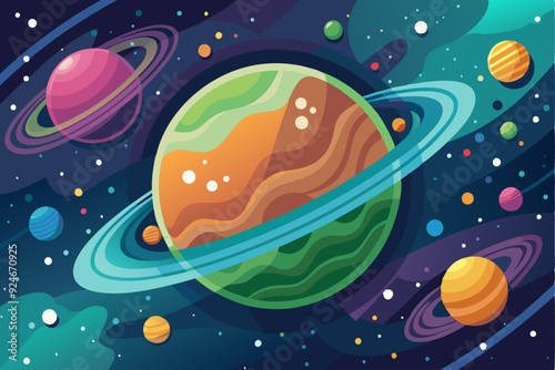 Colorful Planets and Stars in a Dark Space Background