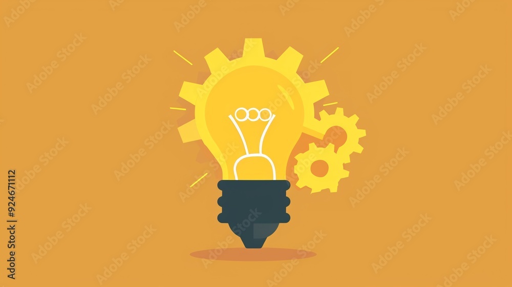Light bulb gears clipart, yellow glow, flat art, simple cartoon 2D emblem Light bulb gears clipart, yellow glow, flat art, simple cartoon 2D emblem