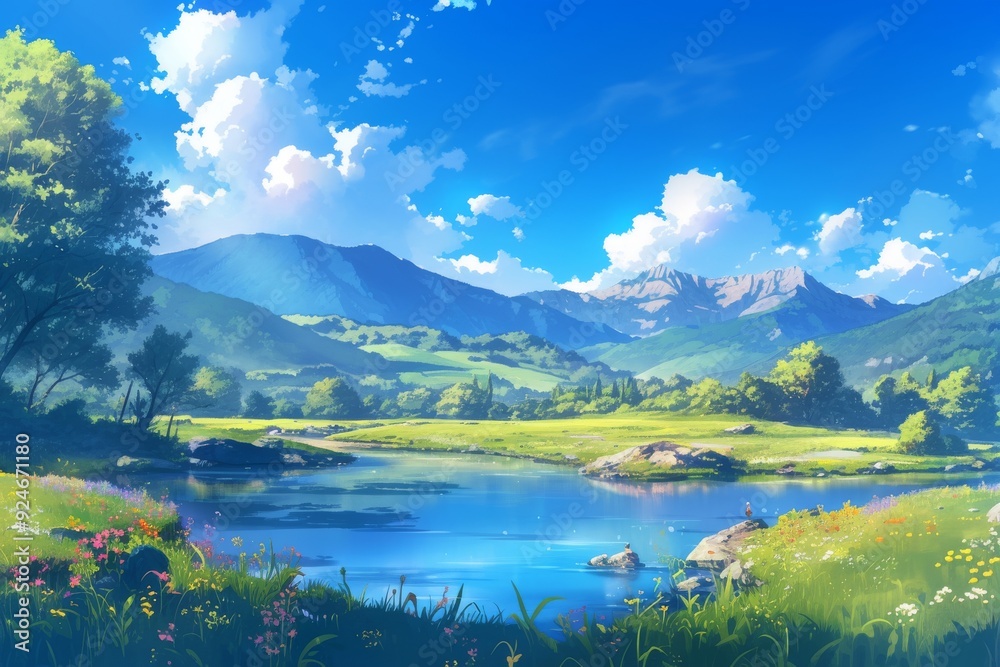 Vibrant anime landscape of a river flowing through a green valley with mountains and blue sky, perfect for fantasy or adventure backgrounds. Vibrant anime landscape of a river flowing through a green valley with mountains and blue sky, perfect for fantasy or adventure backgrounds.