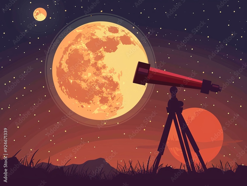 Lunar eclipse viewing party clipart, telescope, flat art, simple cartoon 2D Lunar eclipse viewing party clipart, telescope, flat art, simple cartoon 2D
