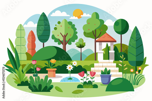 A Colorful, Flat-Style Illustration of a Garden with a Gazebo, Flowers, and Trees