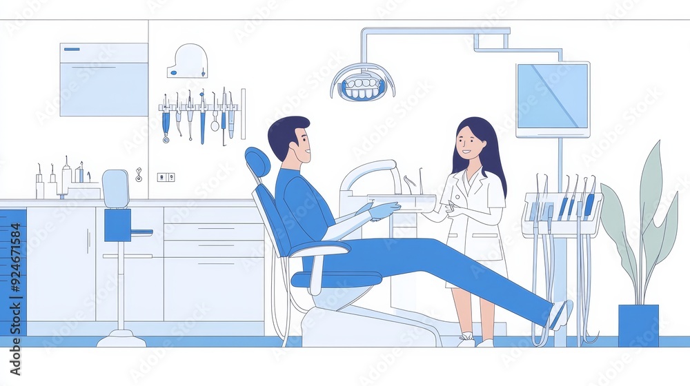 A dentist in a white coat examines a patient in a dental chair. The scene is set in a modern clinic, symbolizing professional care, advanced technology, hygiene, and a comfortable environment. A dentist in a white coat examines a patient in a dental chair. The scene is set in a modern clinic, symbolizing professional care, advanced technology, hygiene, and a comfortable environment.