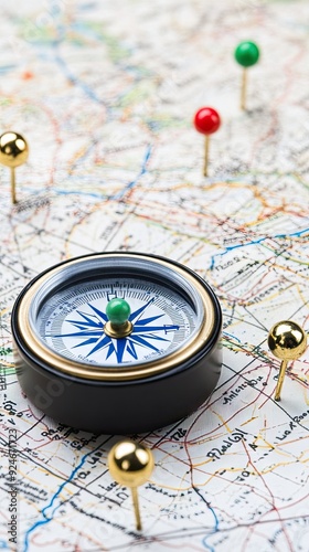 Planning your next adventure with a compass on a detailed map, noting various destinations marked with pins photo