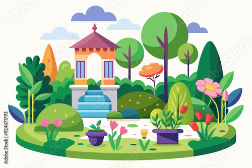 A Colorful Garden With a Fountain and a Small Building