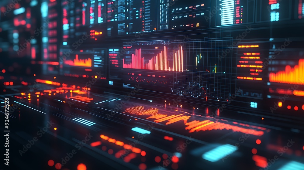 Fototapeta premium Portfolio analysis, digital screens with investment charts, 3D illustration