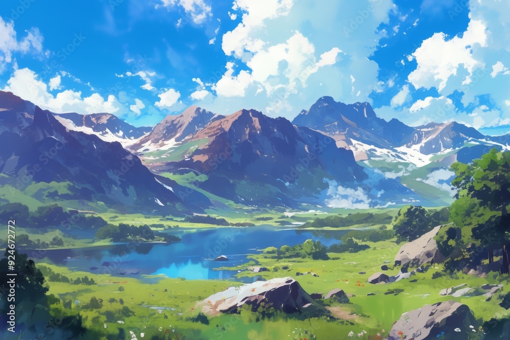 Beautiful mountain landscape with a lake and lush green grass under a bright blue sky with clouds. Digital art painting of nature, wilderness and adventure. Beautiful mountain landscape with a lake and lush green grass under a bright blue sky with clouds. Digital art painting of nature, wilderness and adventure.