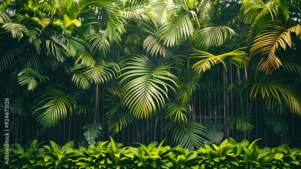 Tree wall or tree fence with palm tree in nature. Exterior and decoration and gardening concept. Tree wall or tree fence with palm tree in nature. Exterior and decoration and gardening concept.
