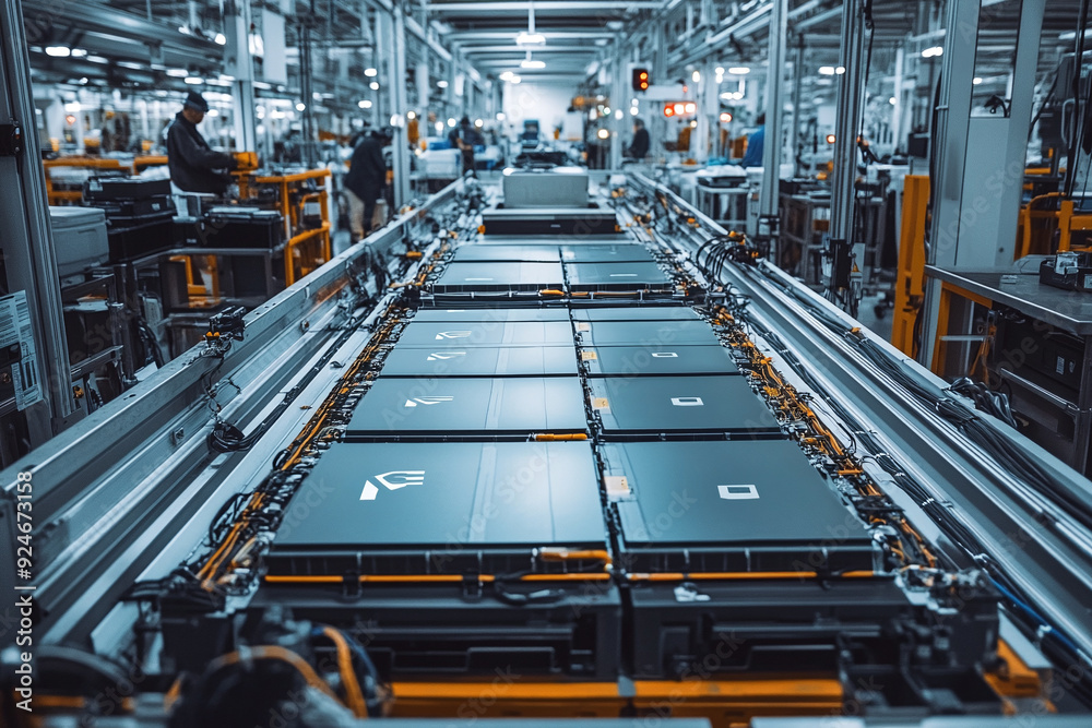 Factory producing lithium-ion batteries for electric vehicles. The photo shows conveyor belt with batteries Factory producing lithium-ion batteries for electric vehicles. The photo shows conveyor belt with batteries